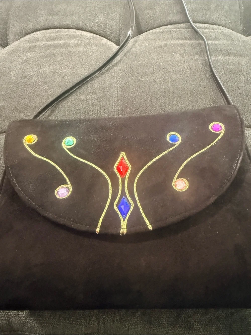 VTG. JRenee Blk suede w/ whimsical gold embroidery and cabochon jewels